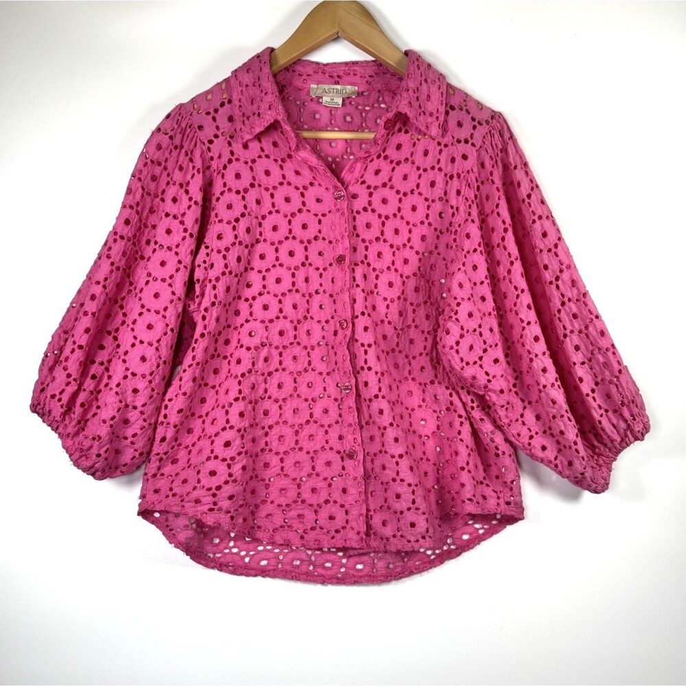 Astrid Blouse Women XS Pink Eyelet Puff Sleeve Button‎ Front Made in Italy